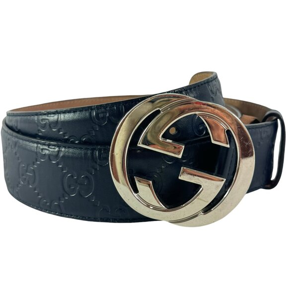 GUCCI 411924 Guccissima Navy Blue Leather Interlocking G Men's Belt 95/38 - Picture 1 of 11